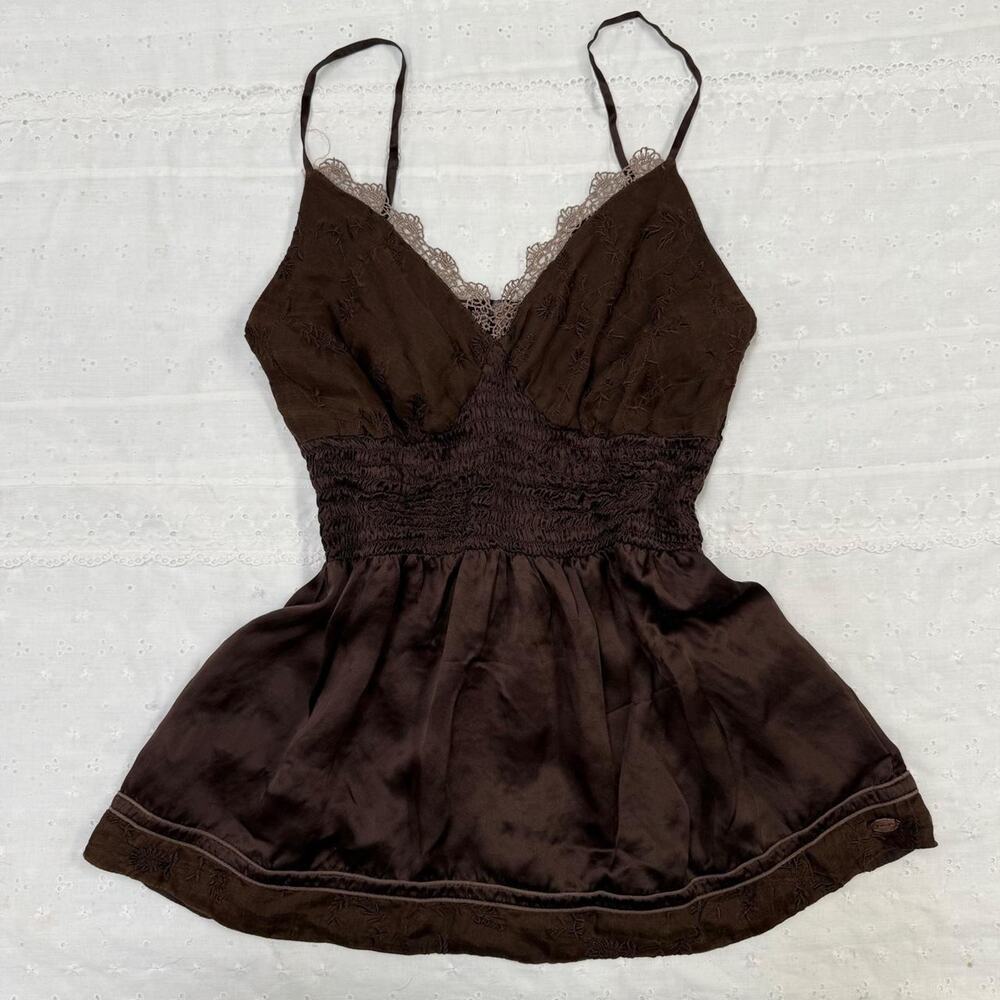 Babydoll Top brown 100% silk Vintage Hale Bob embroidered lace M